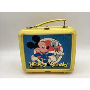 Vintage Aladdin Mickey Mouse & Donald Duck Plastic Lunch Box Yellow Disney 1980s